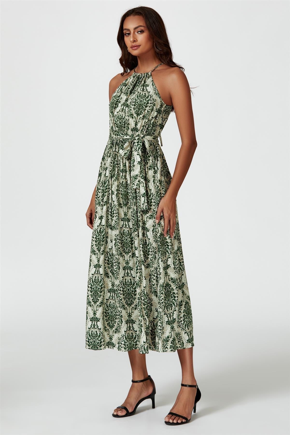 Green & Beige Floral Print Tie Halterneck Maxi Dress - AXON