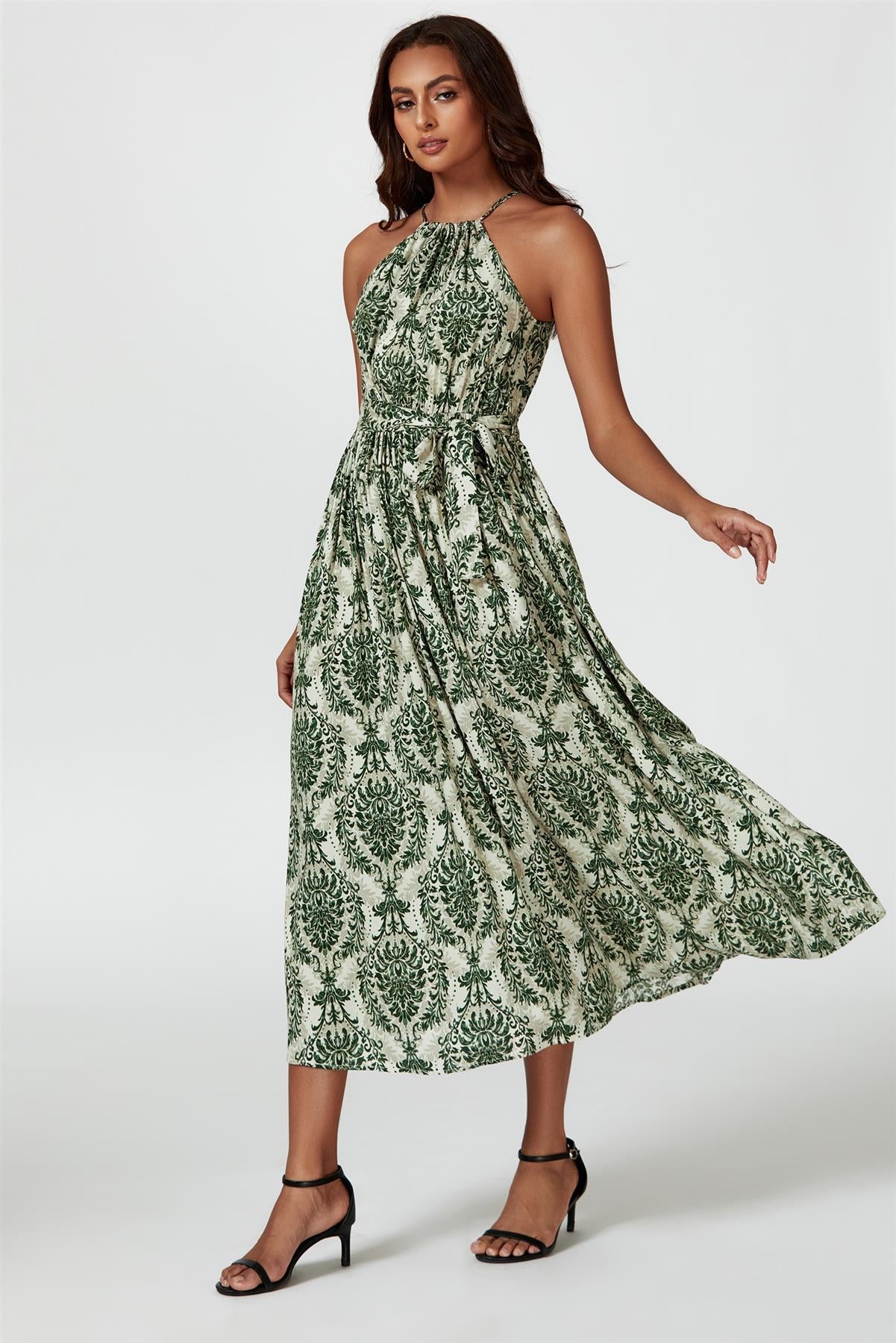 Green & Beige Floral Print Tie Halterneck Maxi Dress - AXON