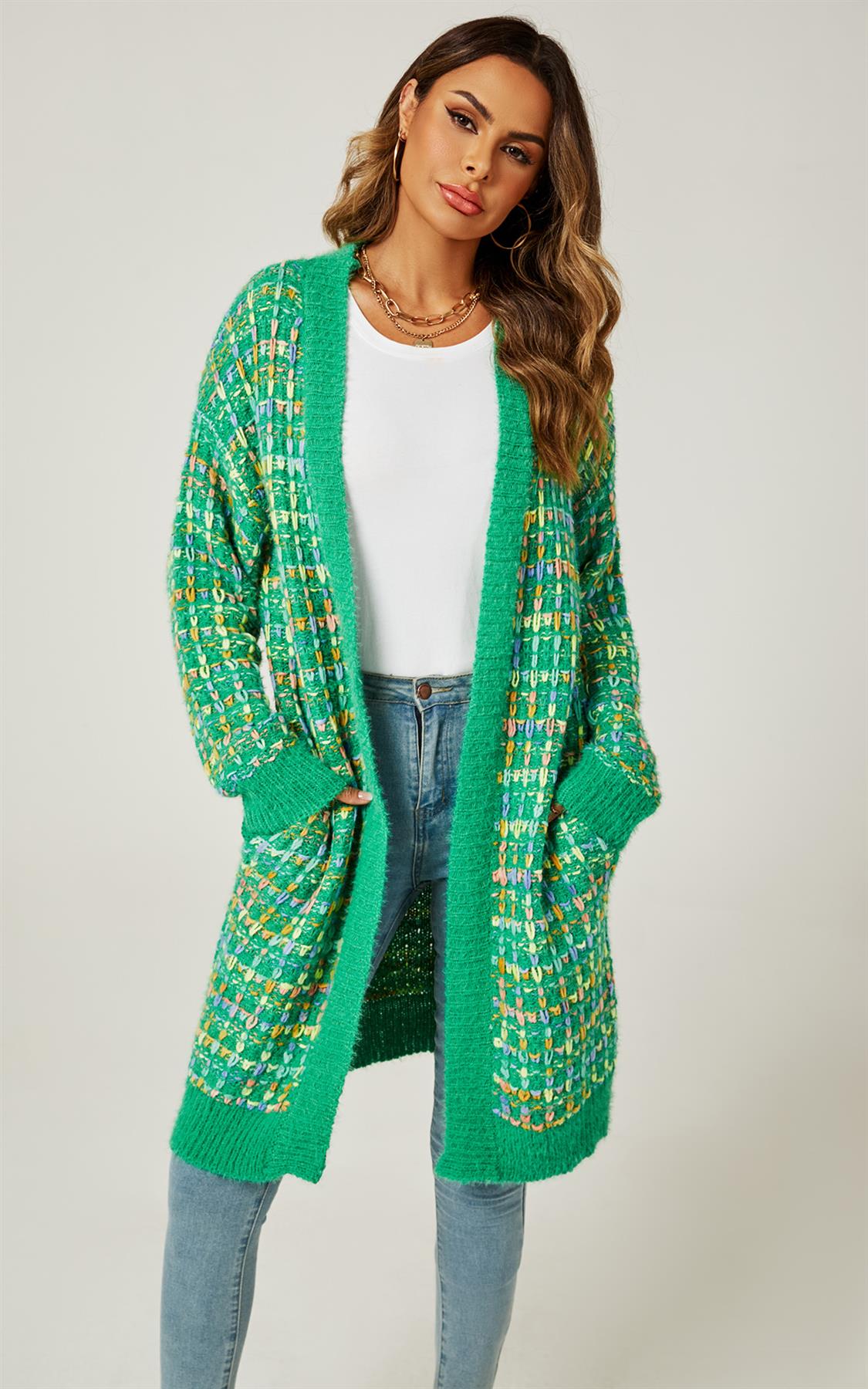 Green Boucle Check Cardigan In Rainbow Multicolour Speckles - AXON