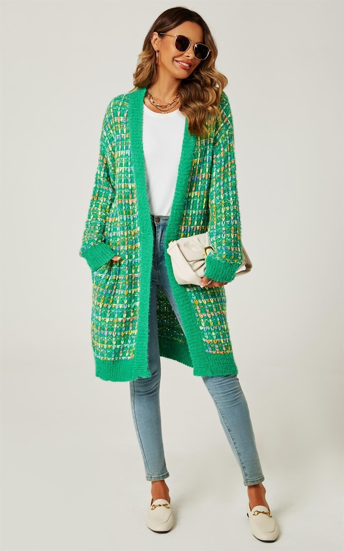 Green Boucle Check Cardigan In Rainbow Multicolour Speckles - AXON