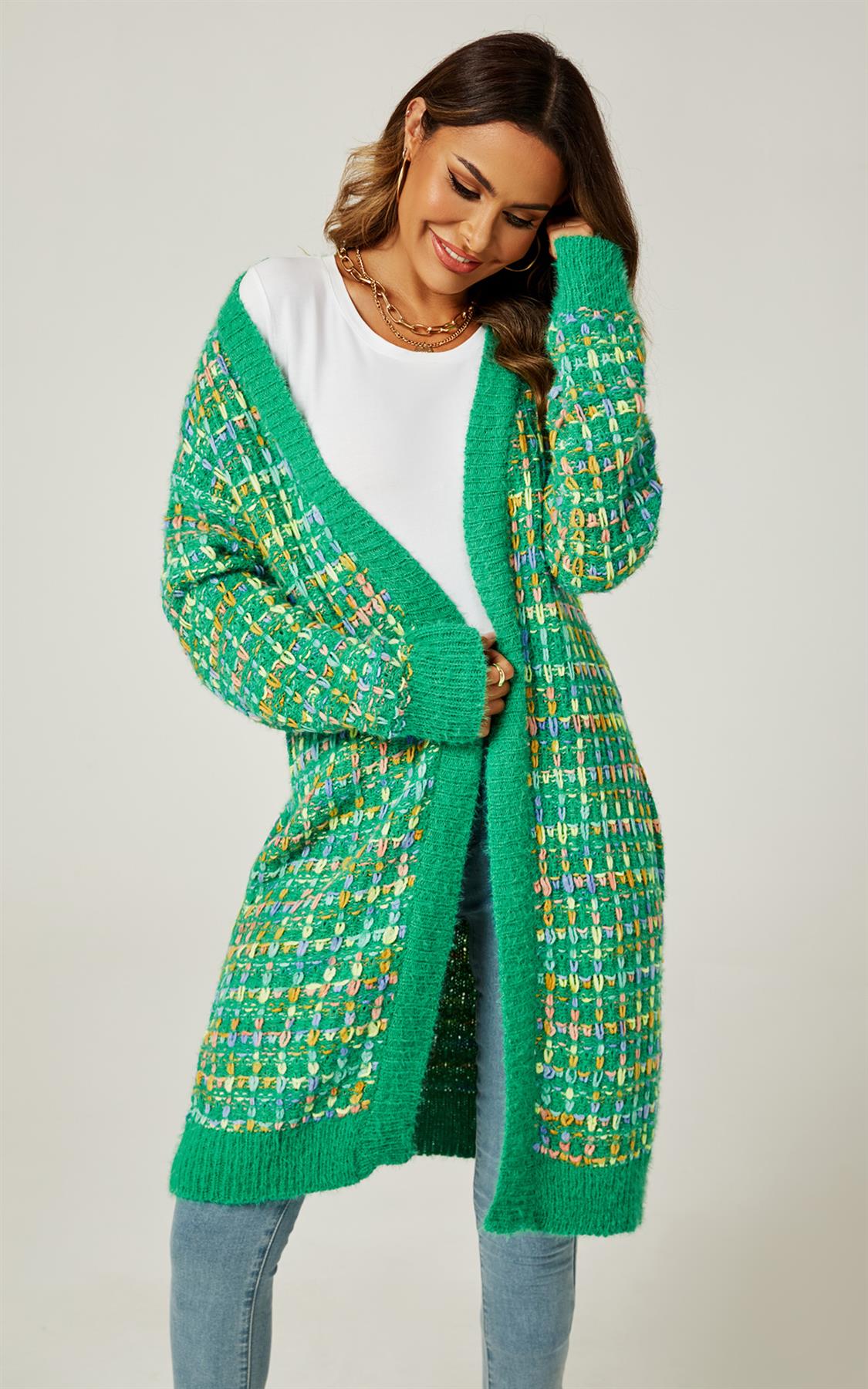 Green Boucle Check Cardigan In Rainbow Multicolour Speckles - AXON
