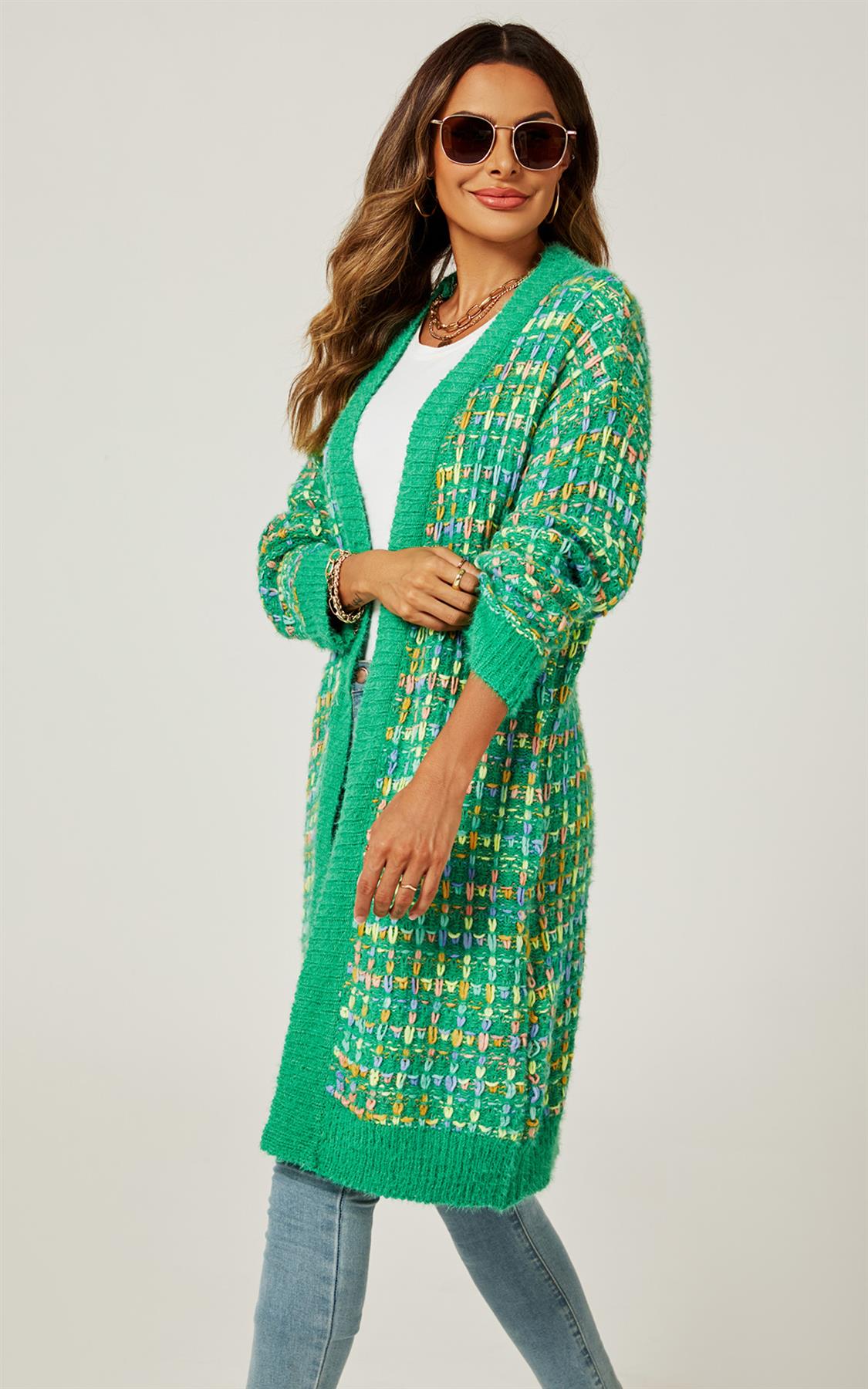 Green Boucle Check Cardigan In Rainbow Multicolour Speckles - AXON