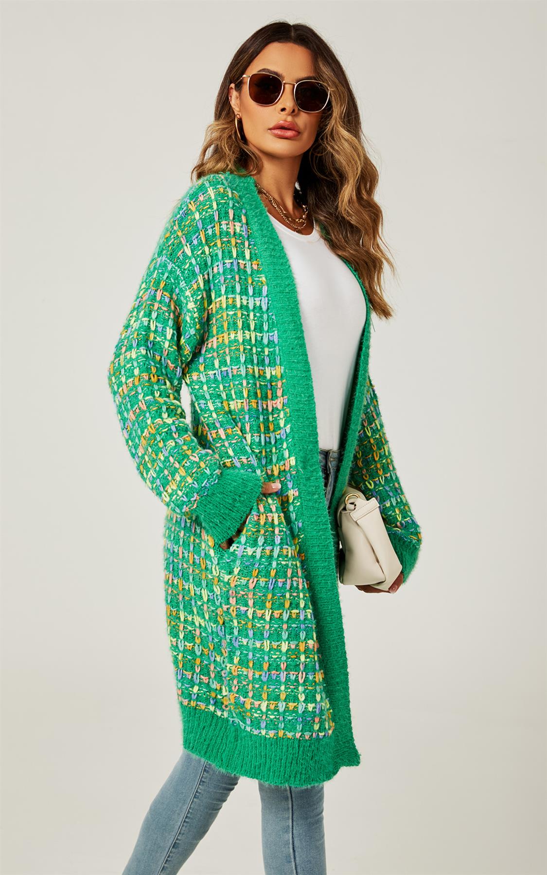 Green Boucle Check Cardigan In Rainbow Multicolour Speckles - AXON