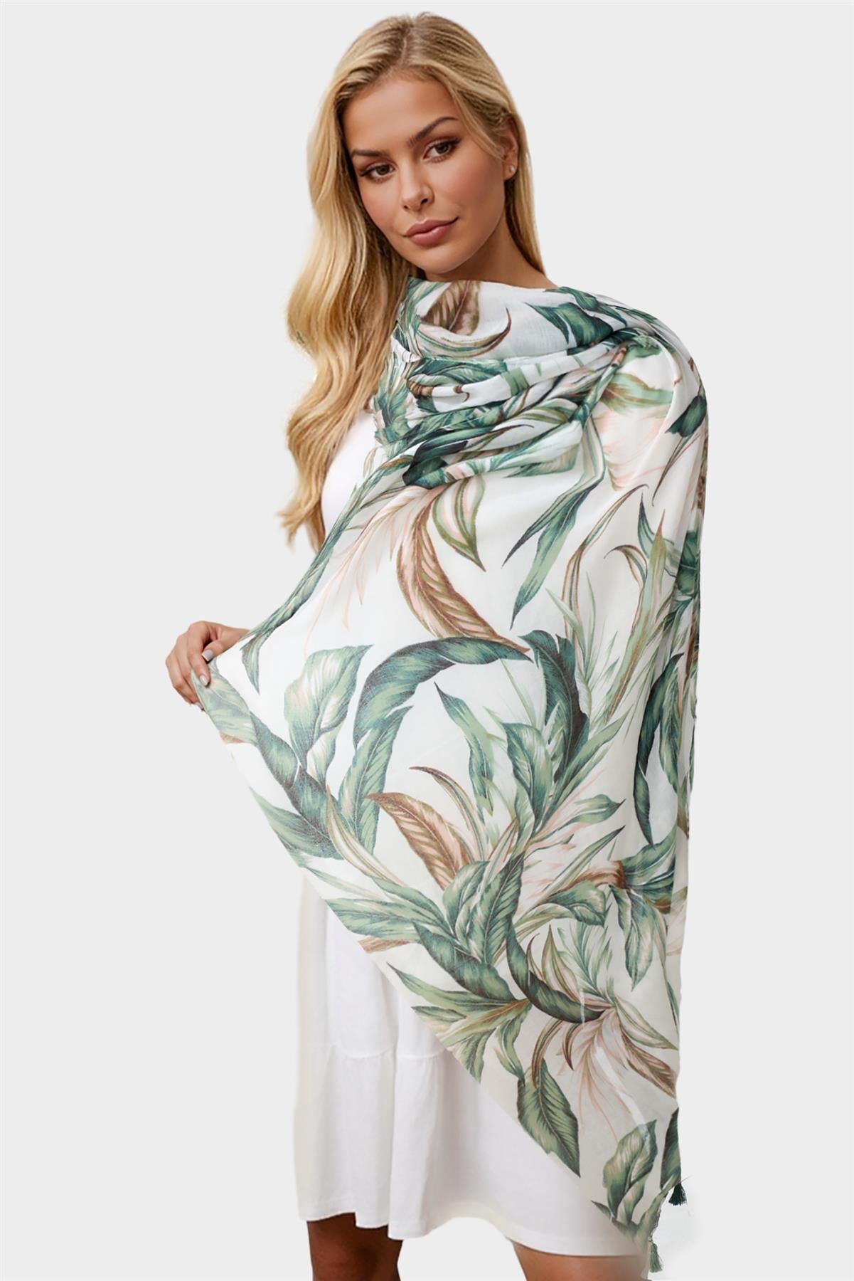 Green Leaf Print Tassel Scarf In White - AXON