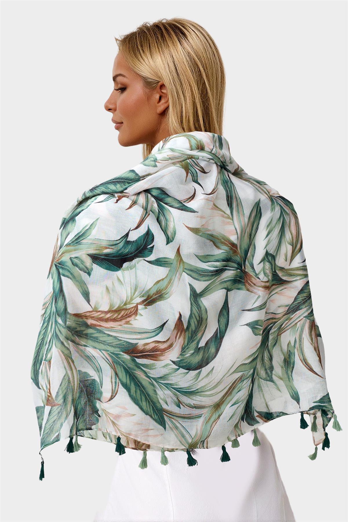 Green Leaf Print Tassel Scarf In White - AXON