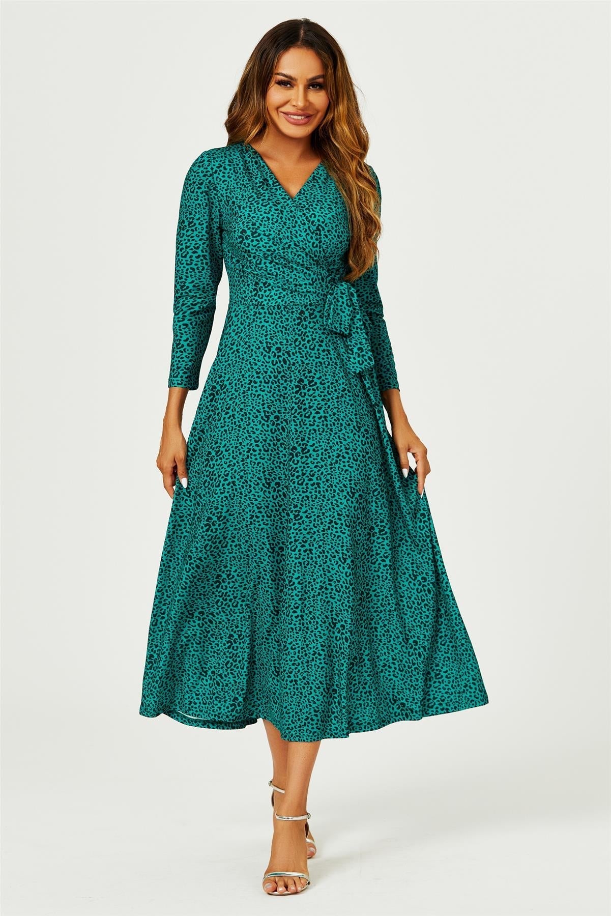 Green Leopard Print Wrap Top Midaxi Dress - AXON