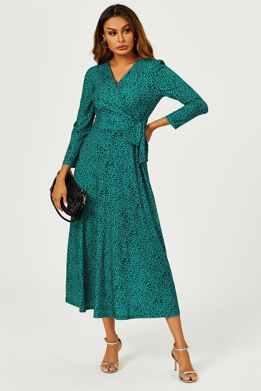 Green Leopard Print Wrap Top Midaxi Dress - AXON