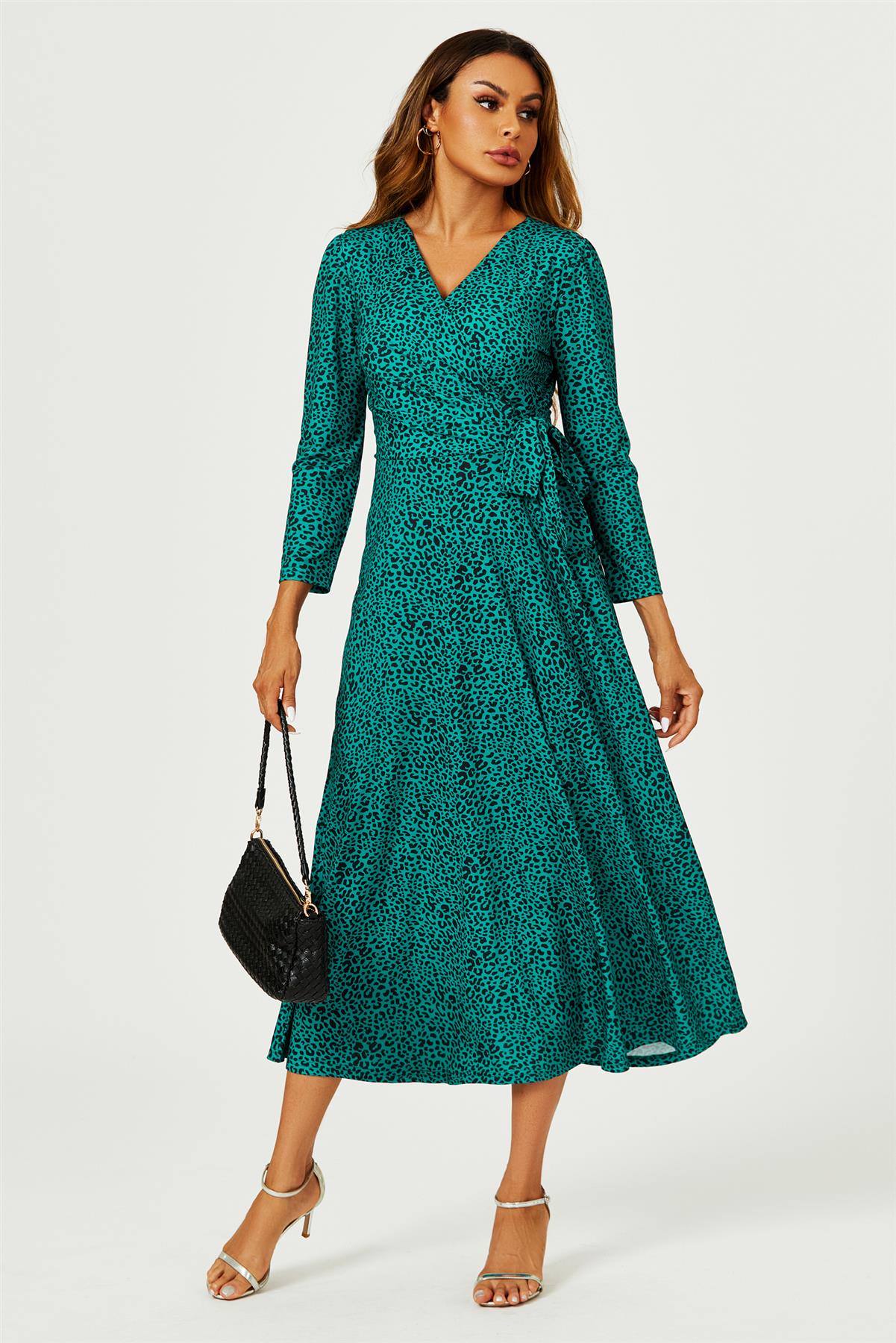 Green Leopard Print Wrap Top Midaxi Dress - AXON