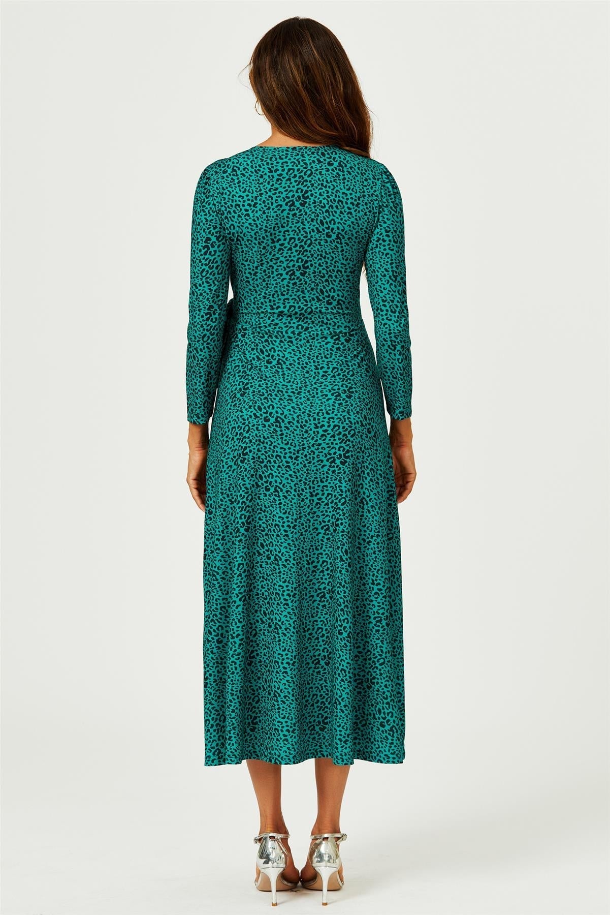 Green Leopard Print Wrap Top Midaxi Dress - AXON