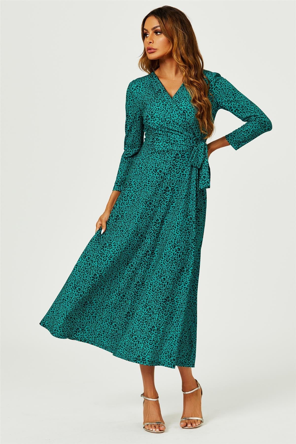 Green Leopard Print Wrap Top Midaxi Dress - AXON