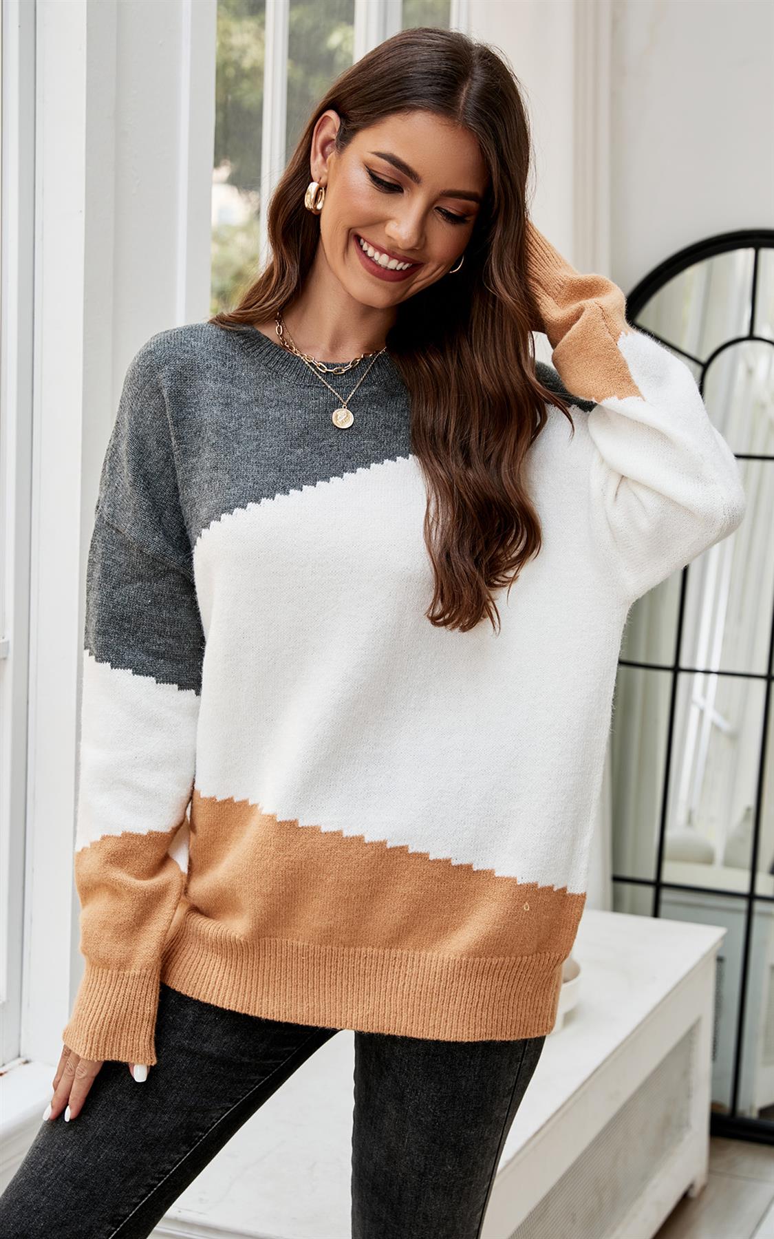 Grey & Camel Block Colour Jumper Top In Beige - AXON