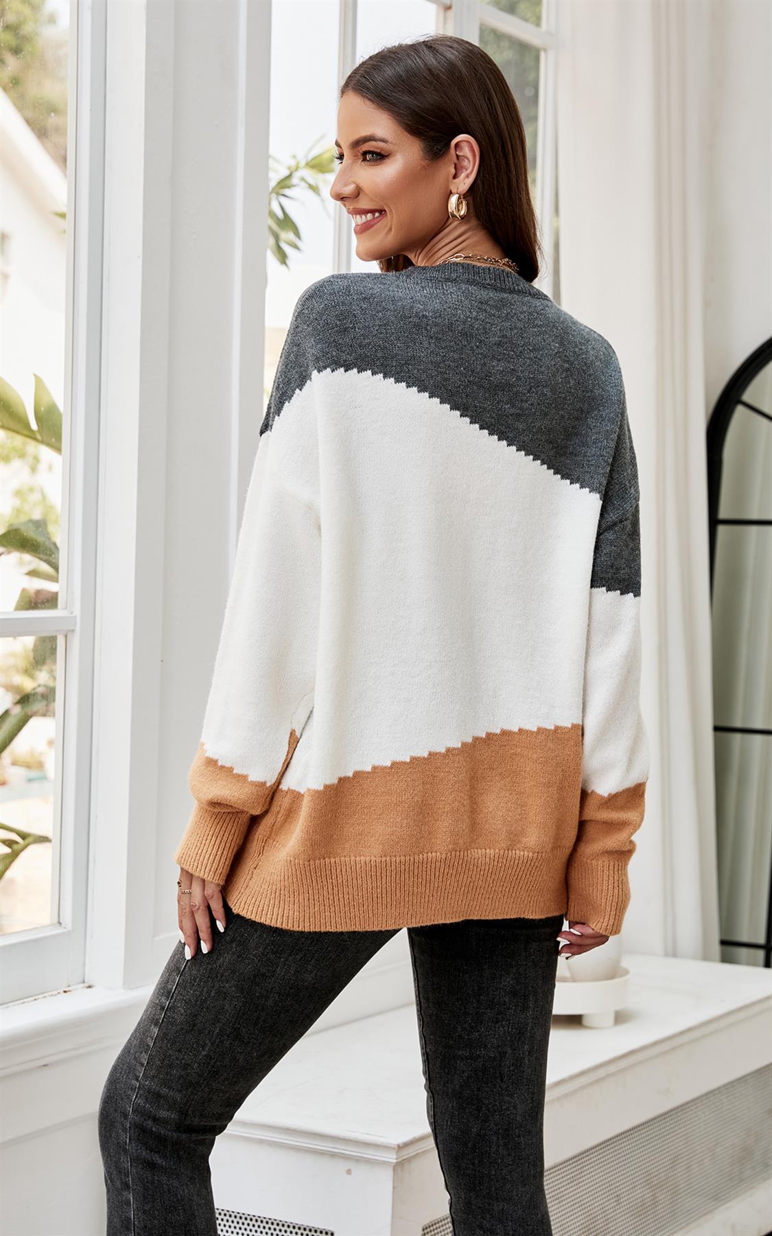 Grey & Camel Block Colour Jumper Top In Beige - AXON