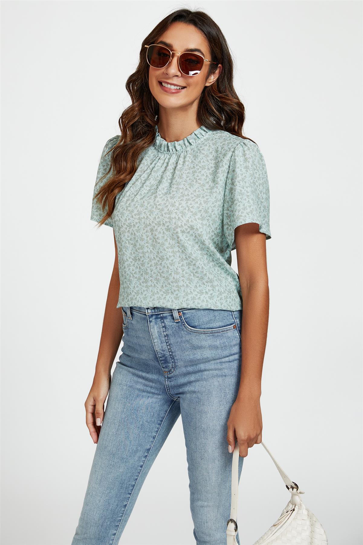 Grey Little Floral Print Angle Sleeve High Neck Top/Blouse In Blue - AXON