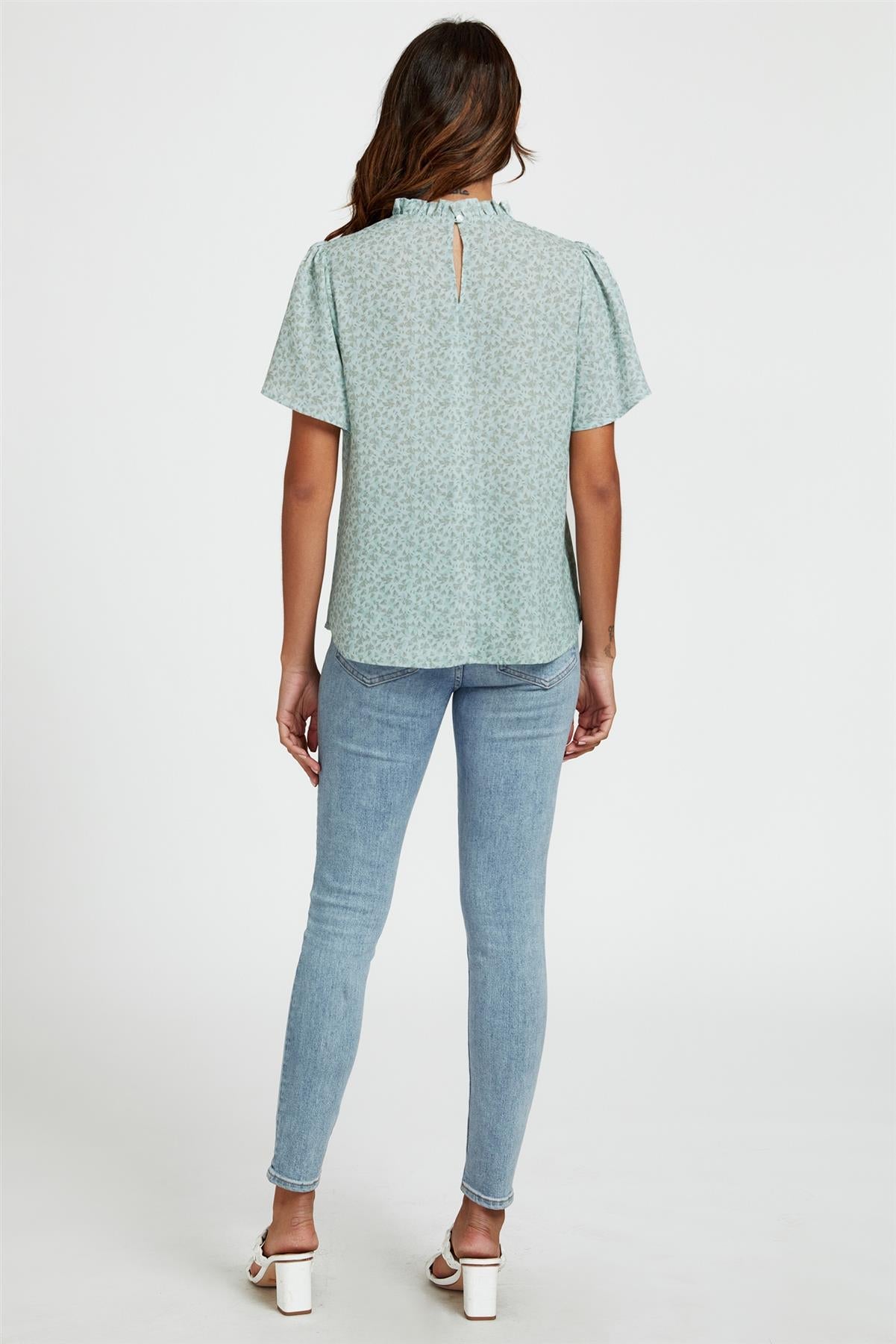 Grey Little Floral Print Angle Sleeve High Neck Top/Blouse In Blue - AXON