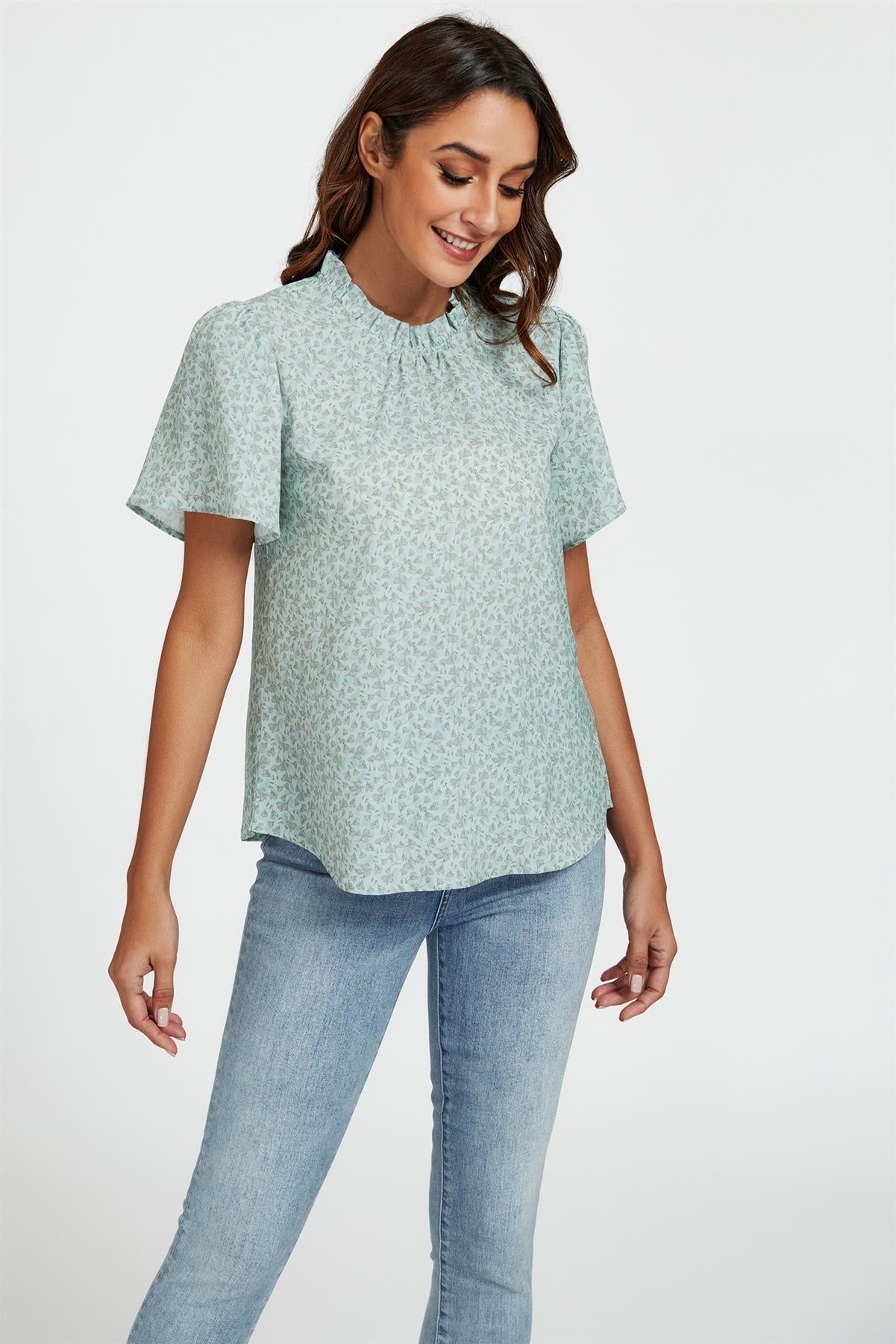 Grey Little Floral Print Angle Sleeve High Neck Top/Blouse In Blue - AXON