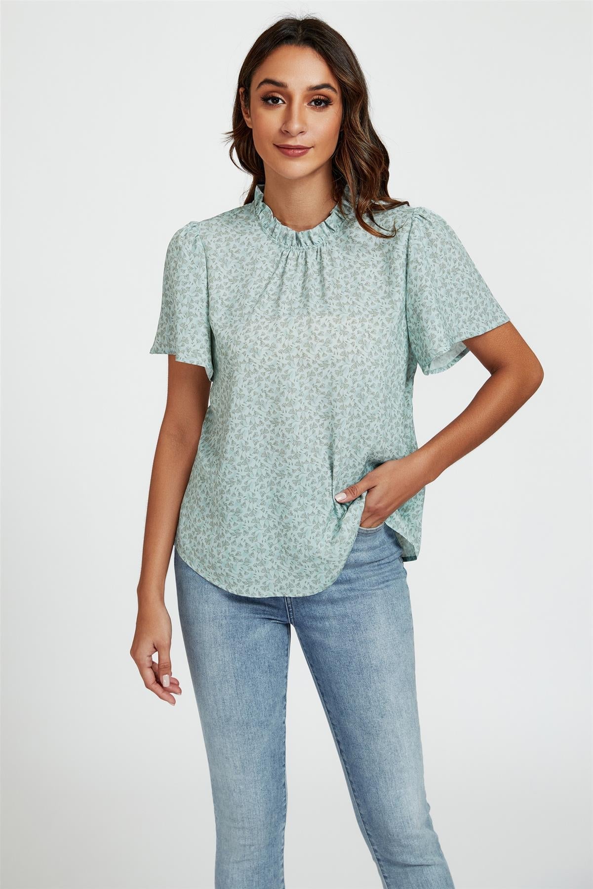 Grey Little Floral Print Angle Sleeve High Neck Top/Blouse In Blue - AXON