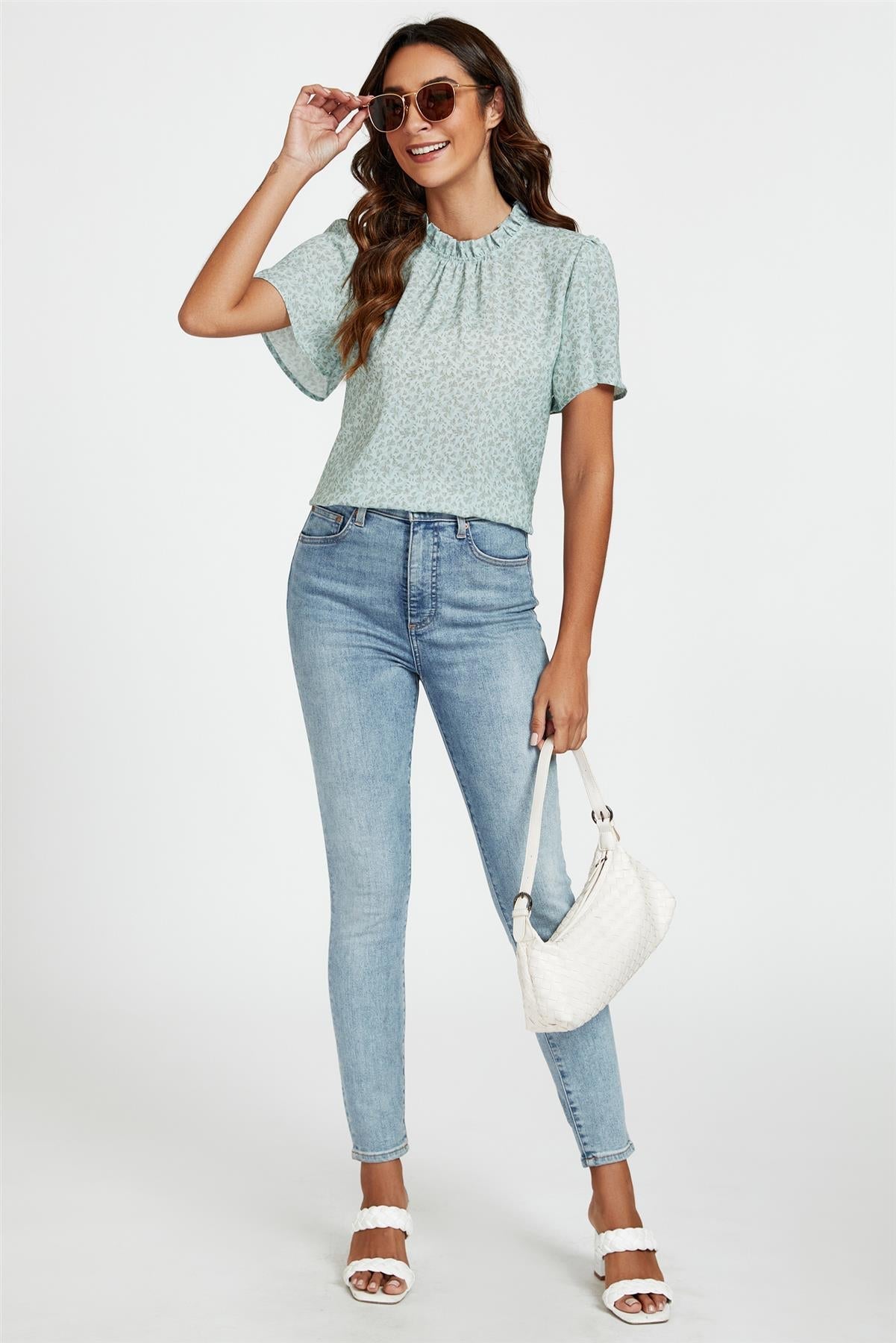 Grey Little Floral Print Angle Sleeve High Neck Top/Blouse In Blue - AXON