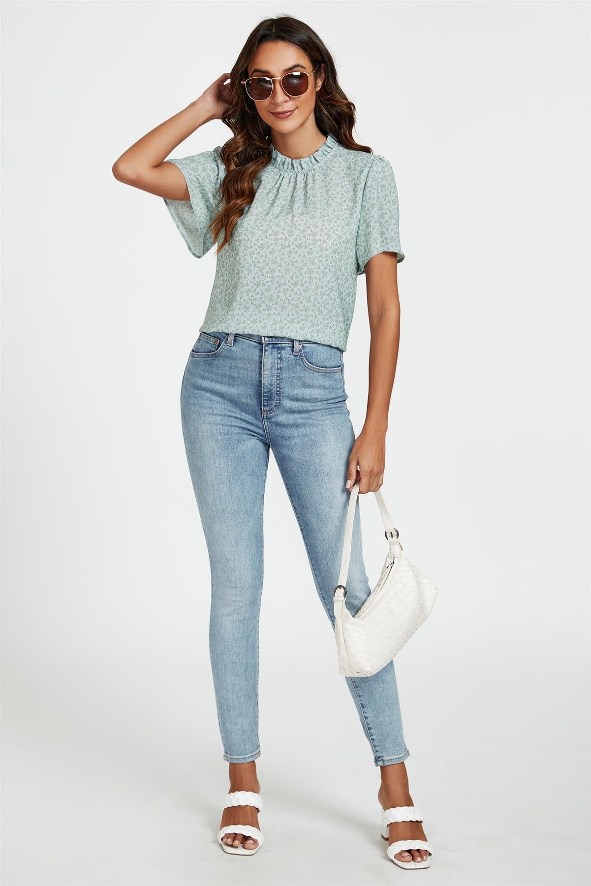 Grey Little Floral Print Angle Sleeve High Neck Top/Blouse In Blue - AXON
