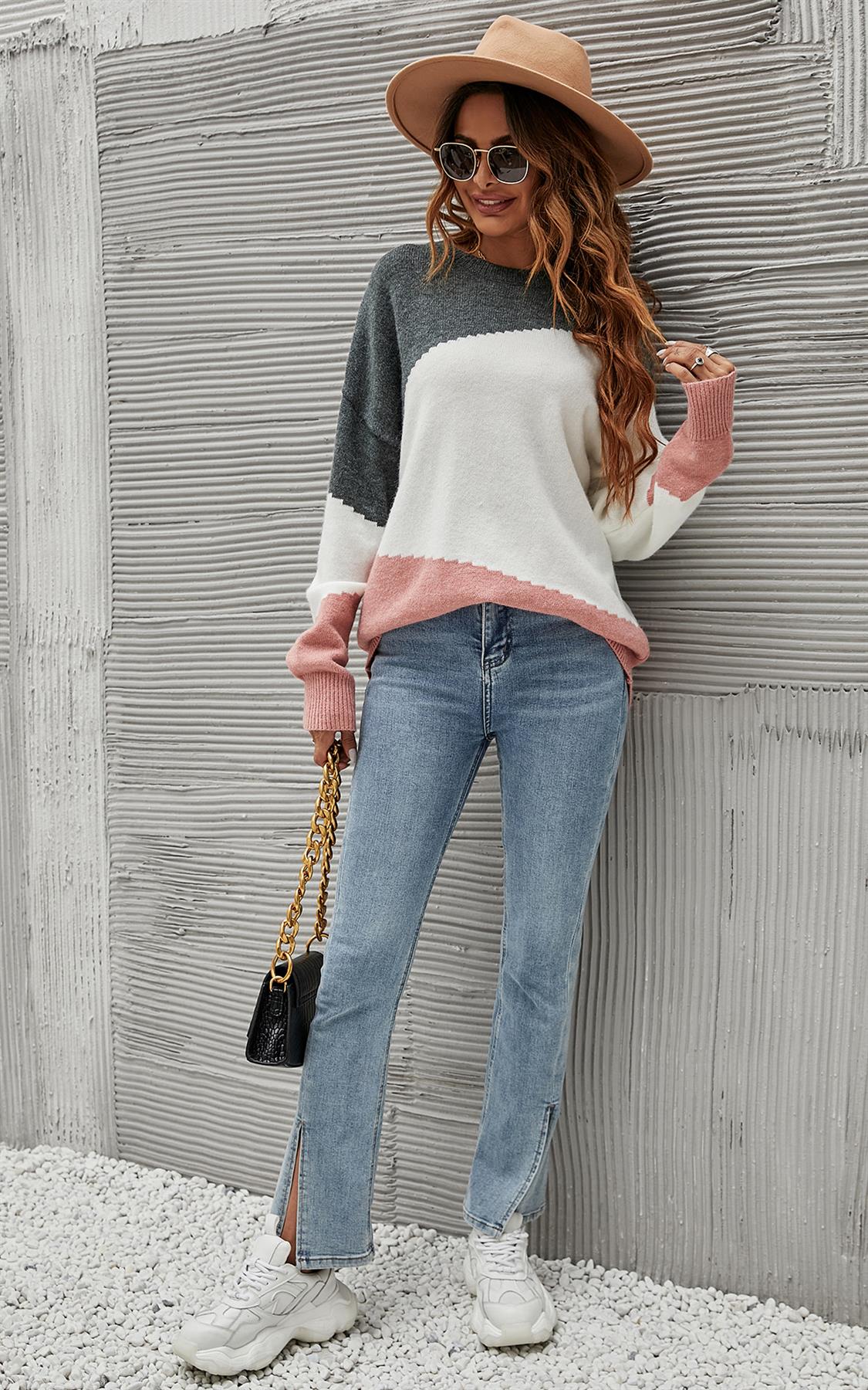 Grey & Pink Block Colour Jumper Top In White - AXON