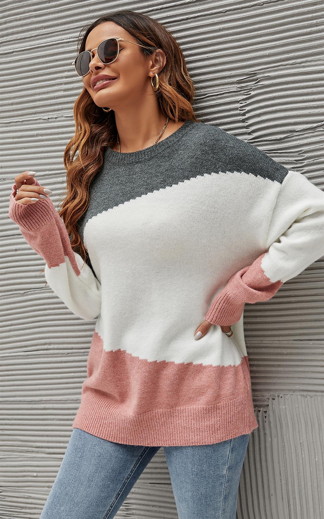 Grey & Pink Block Colour Jumper Top In White - AXON
