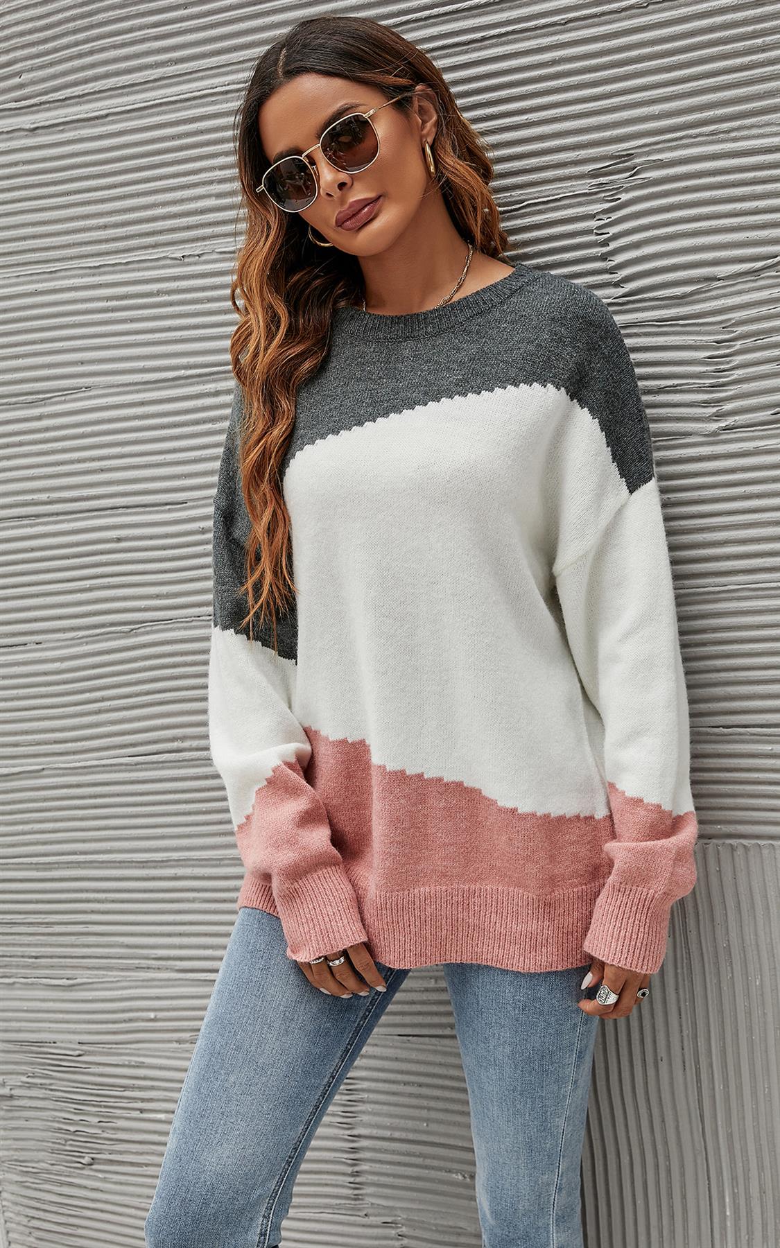 Grey & Pink Block Colour Jumper Top In White - AXON
