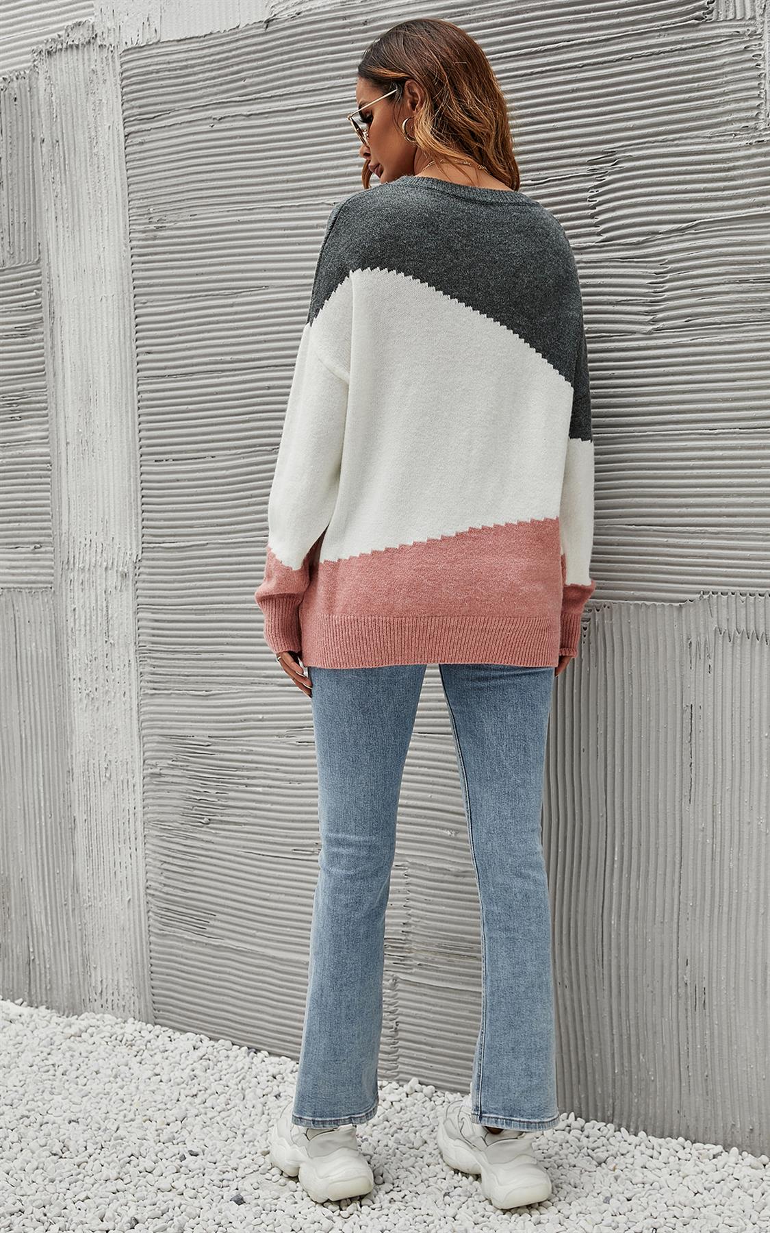 Grey & Pink Block Colour Jumper Top In White - AXON