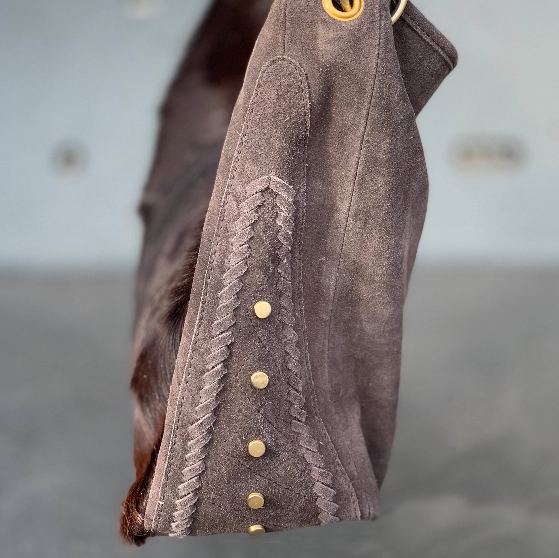 Große Leder Tasche mit Fell Braun - AXON