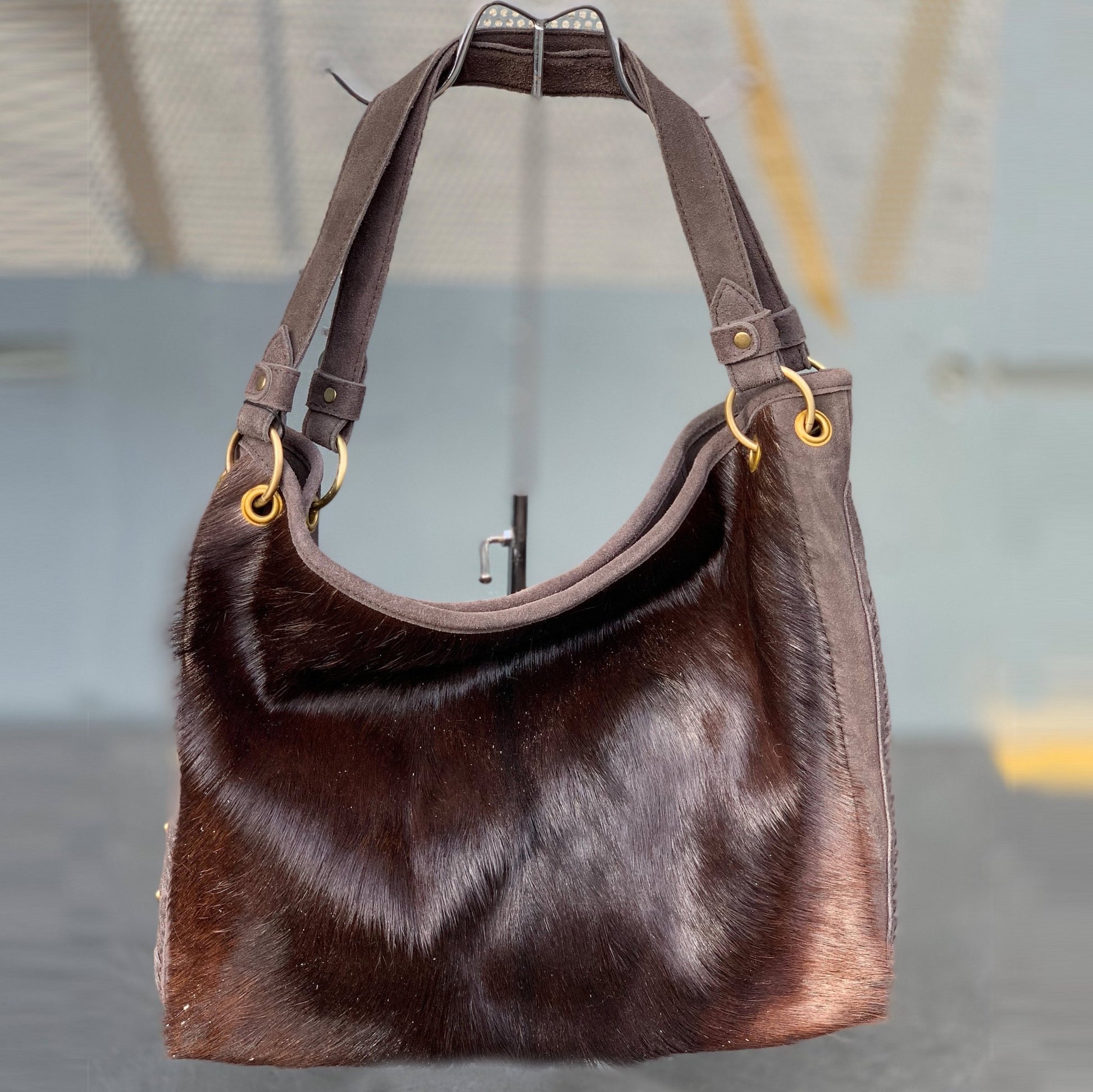 Große Leder Tasche mit Fell Braun - AXON