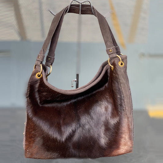 Große Leder Tasche mit Fell Braun - AXON