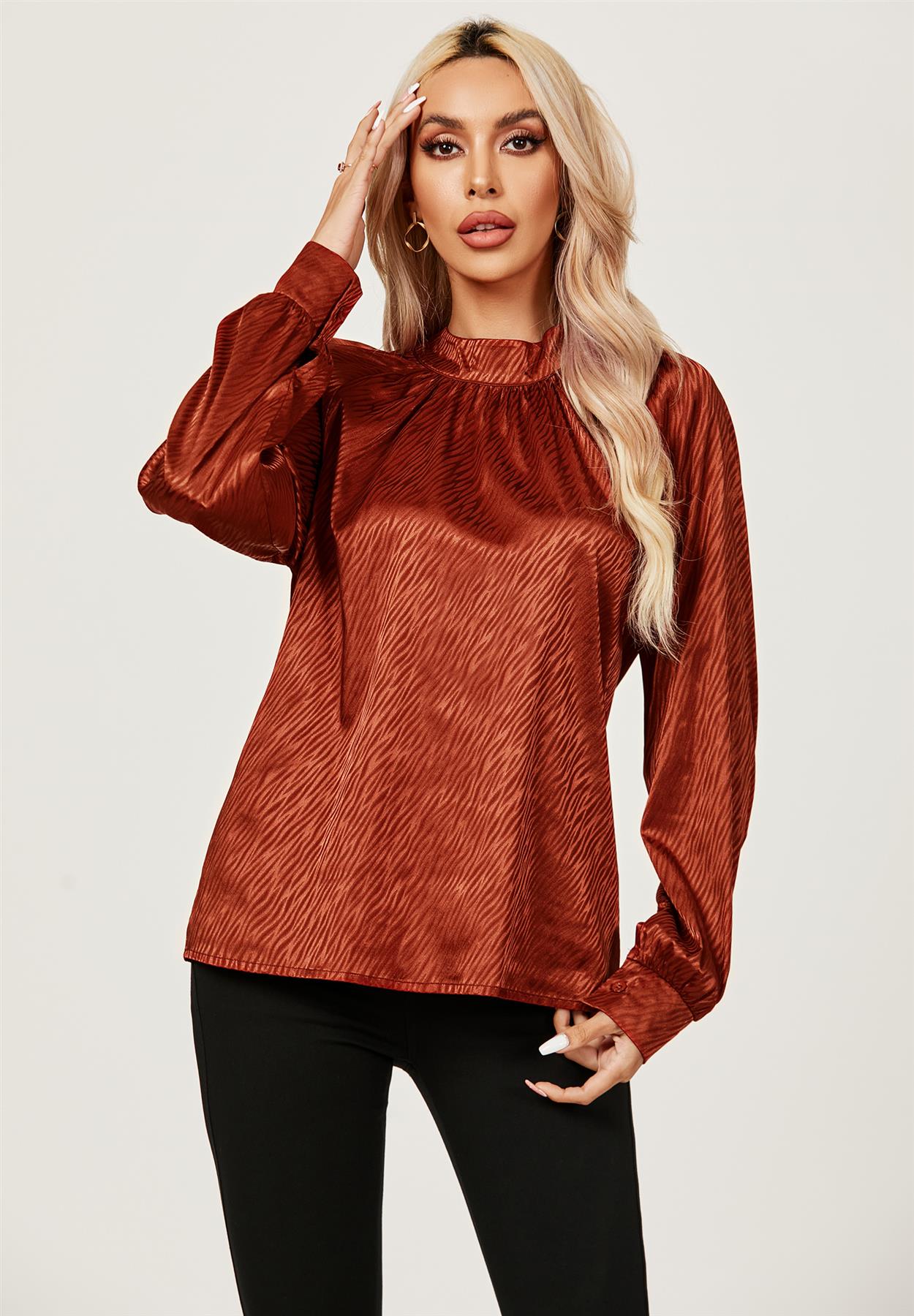 Halter Neck Satin Long Sleeve Blouse Top In Copper Red - AXON