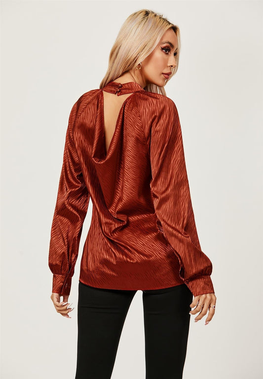 Halter Neck Satin Long Sleeve Blouse Top In Copper Red - AXON