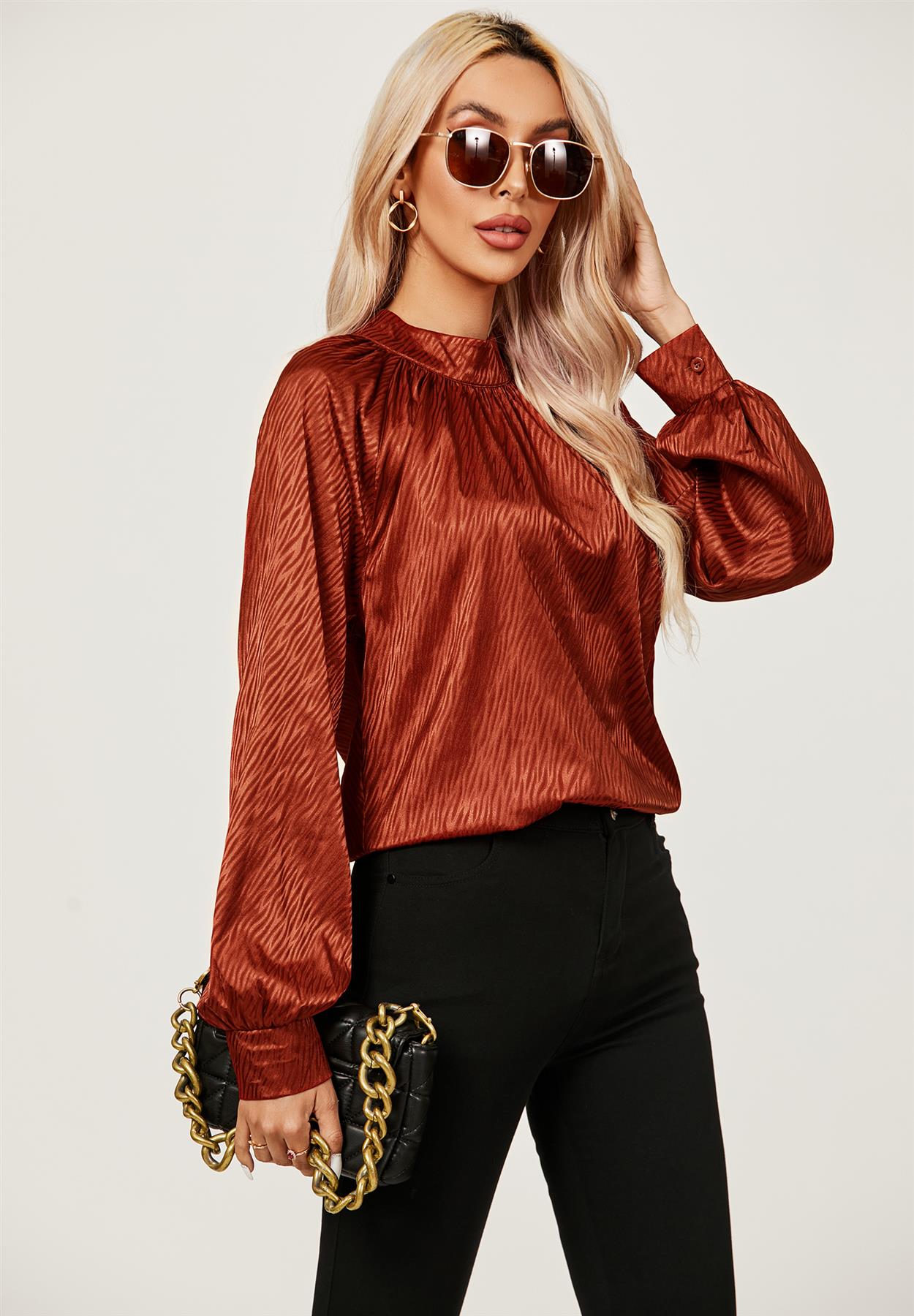 Halter Neck Satin Long Sleeve Blouse Top In Copper Red - AXON