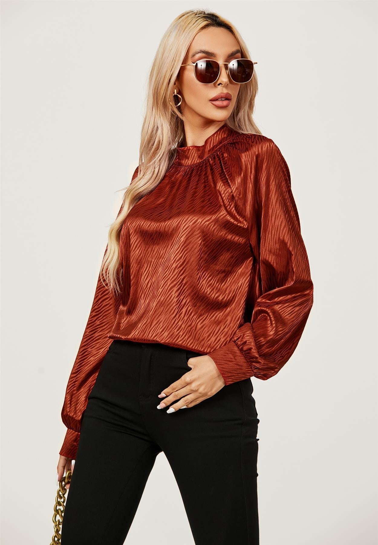 Halter Neck Satin Long Sleeve Blouse Top In Copper Red - AXON
