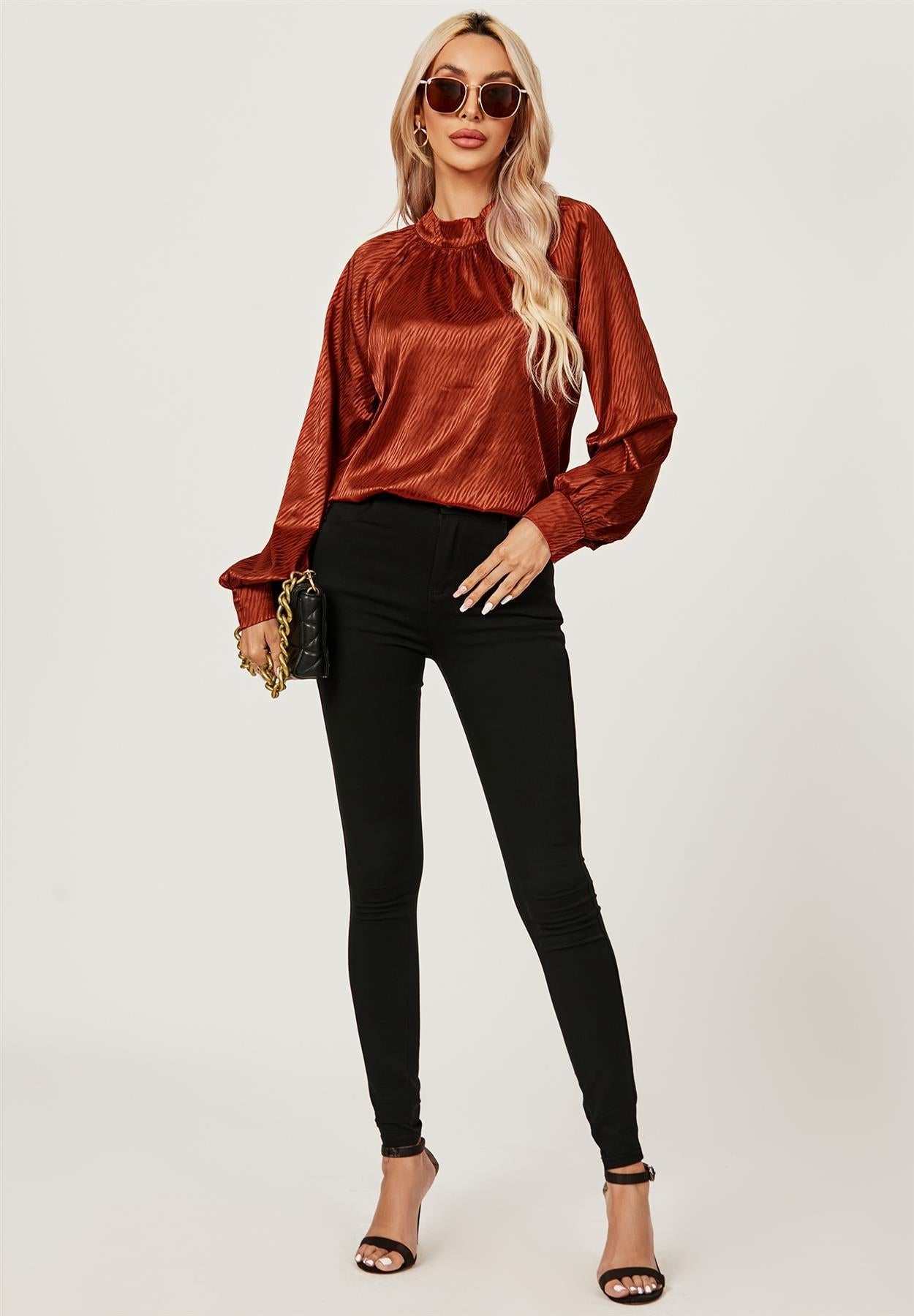 Halter Neck Satin Long Sleeve Blouse Top In Copper Red - AXON