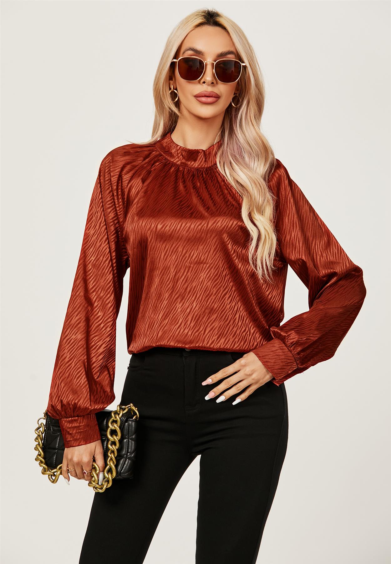 Halter Neck Satin Long Sleeve Blouse Top In Copper Red - AXON