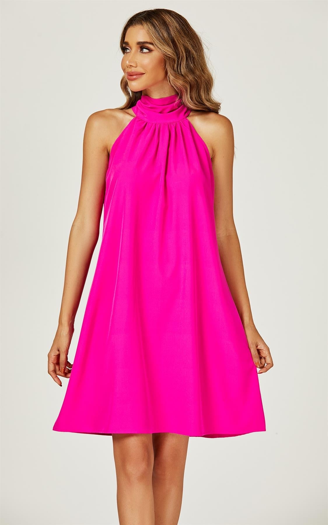 Halter Neck Tie Back Mini Dress In Magenta - AXON