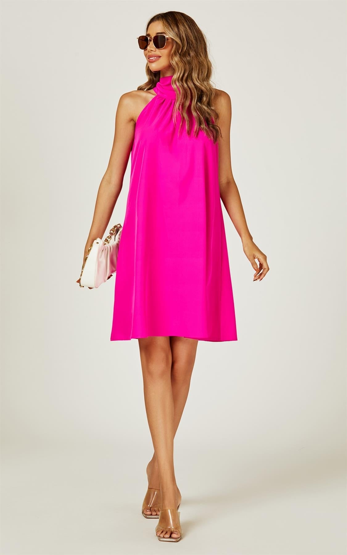 Halter Neck Tie Back Mini Dress In Magenta - AXON