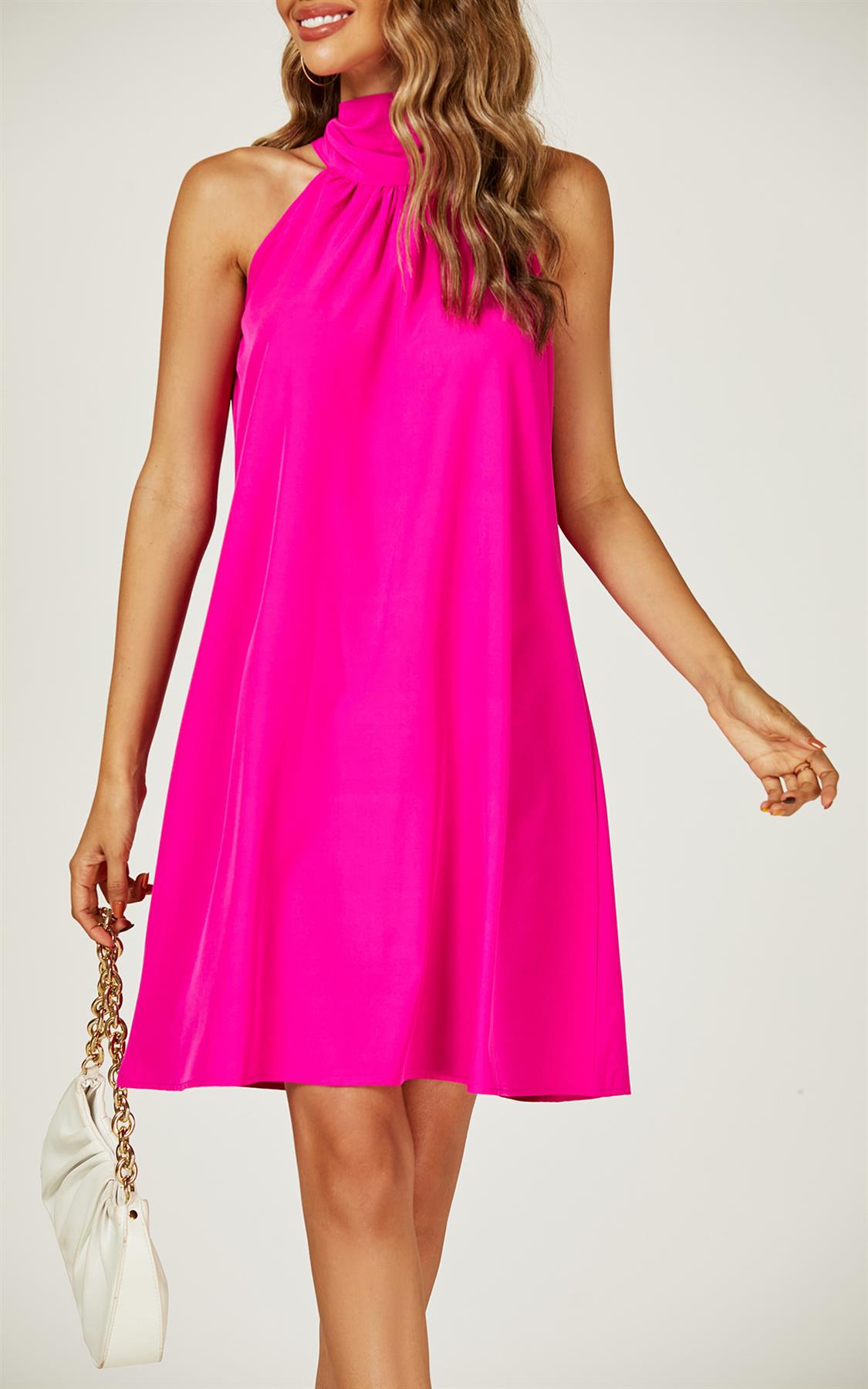 Halter Neck Tie Back Mini Dress In Magenta - AXON