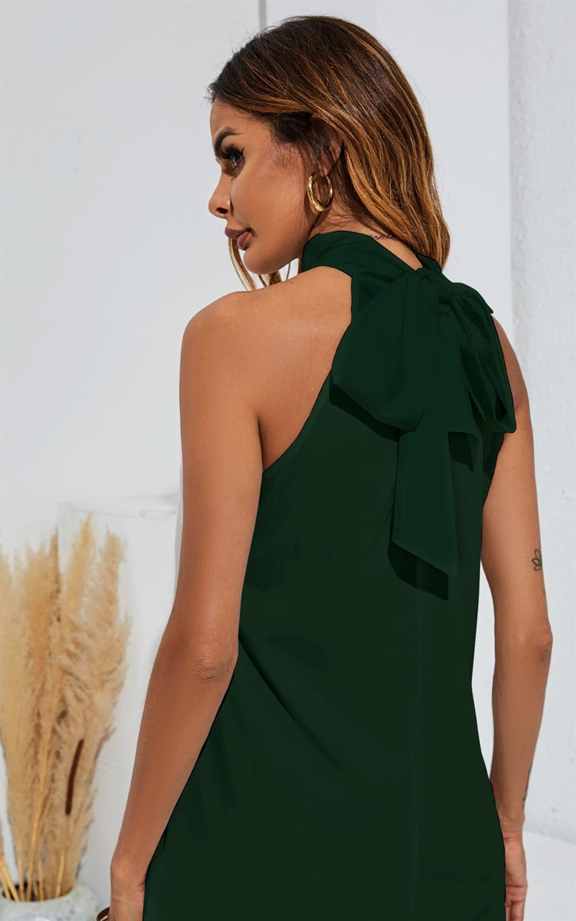 Halter Neck Tie Back Top In Forest Green - AXON