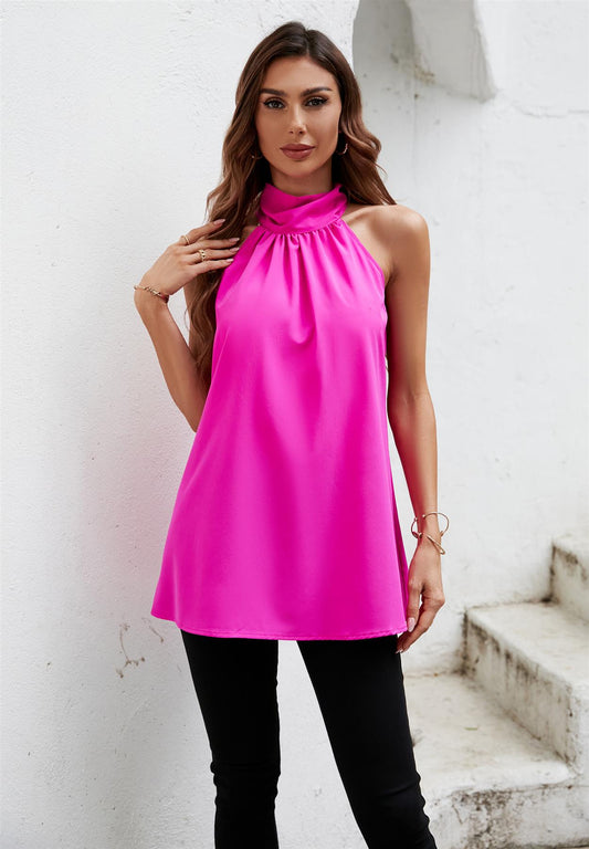 Halter Neck Tie Back Top In Magenta - AXON