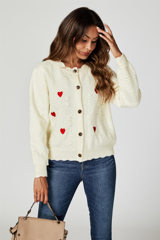 Heart Embroidered Knitted Cardigan In Cream - AXON