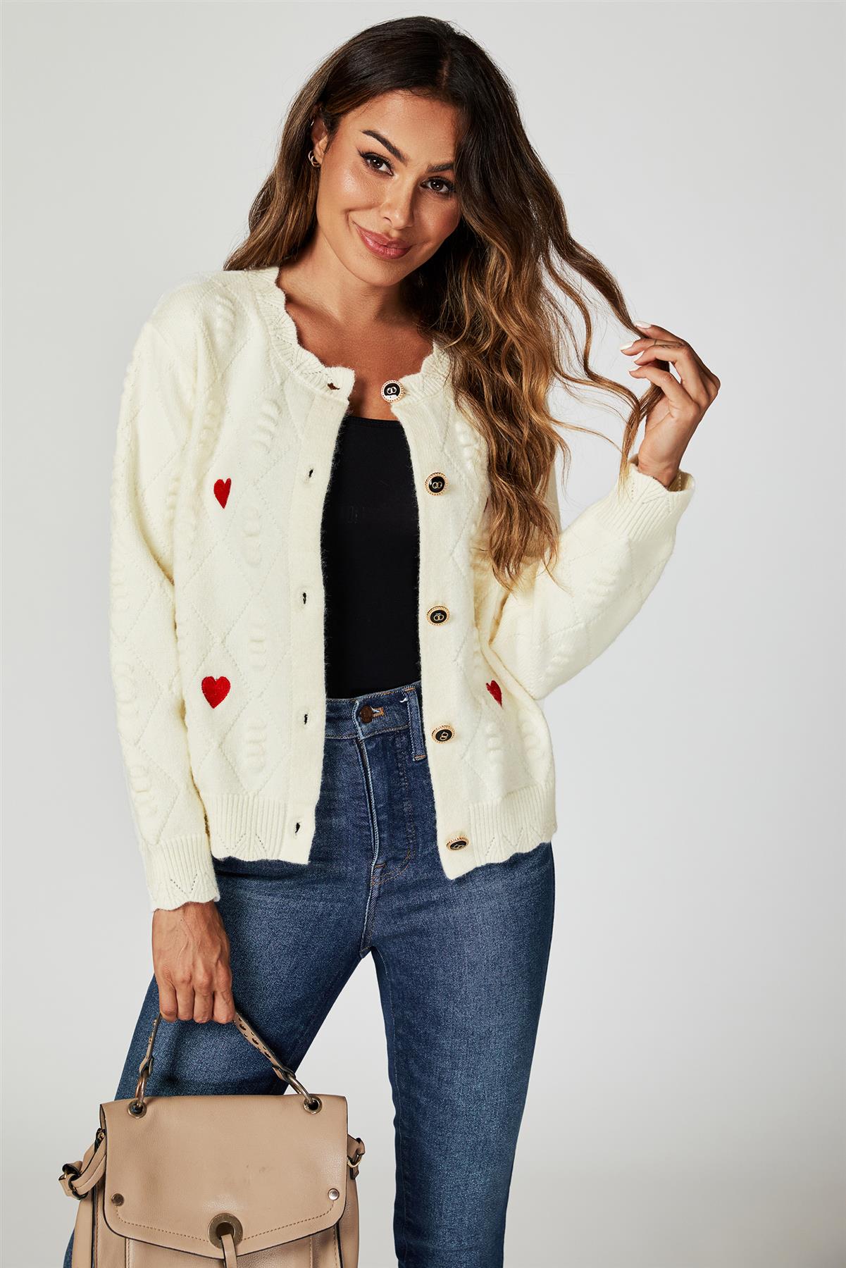 Heart Embroidered Knitted Cardigan In Cream - AXON