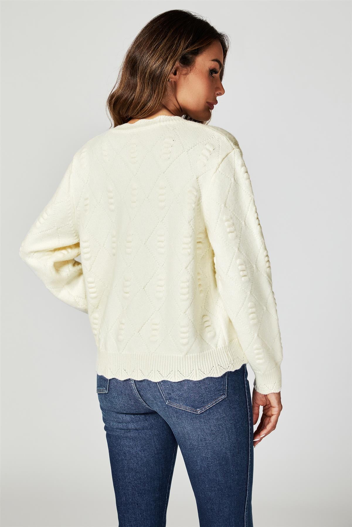 Heart Embroidered Knitted Cardigan In Cream - AXON