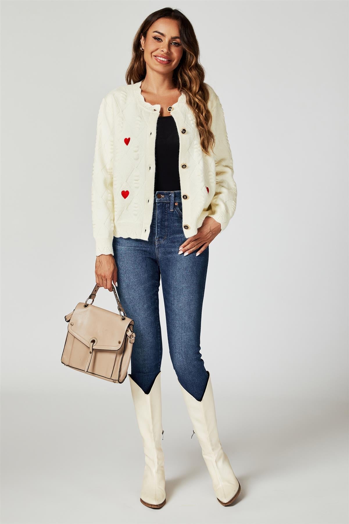 Heart Embroidered Knitted Cardigan In Cream - AXON