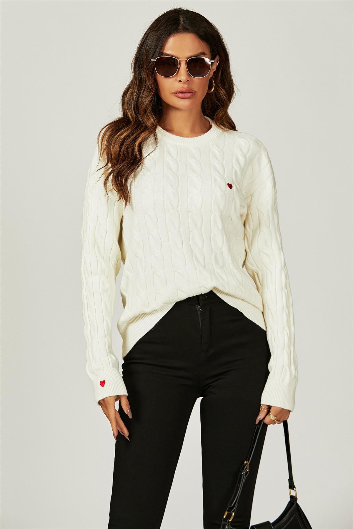 Heart Embroidery Jumper Top In Cream - AXON