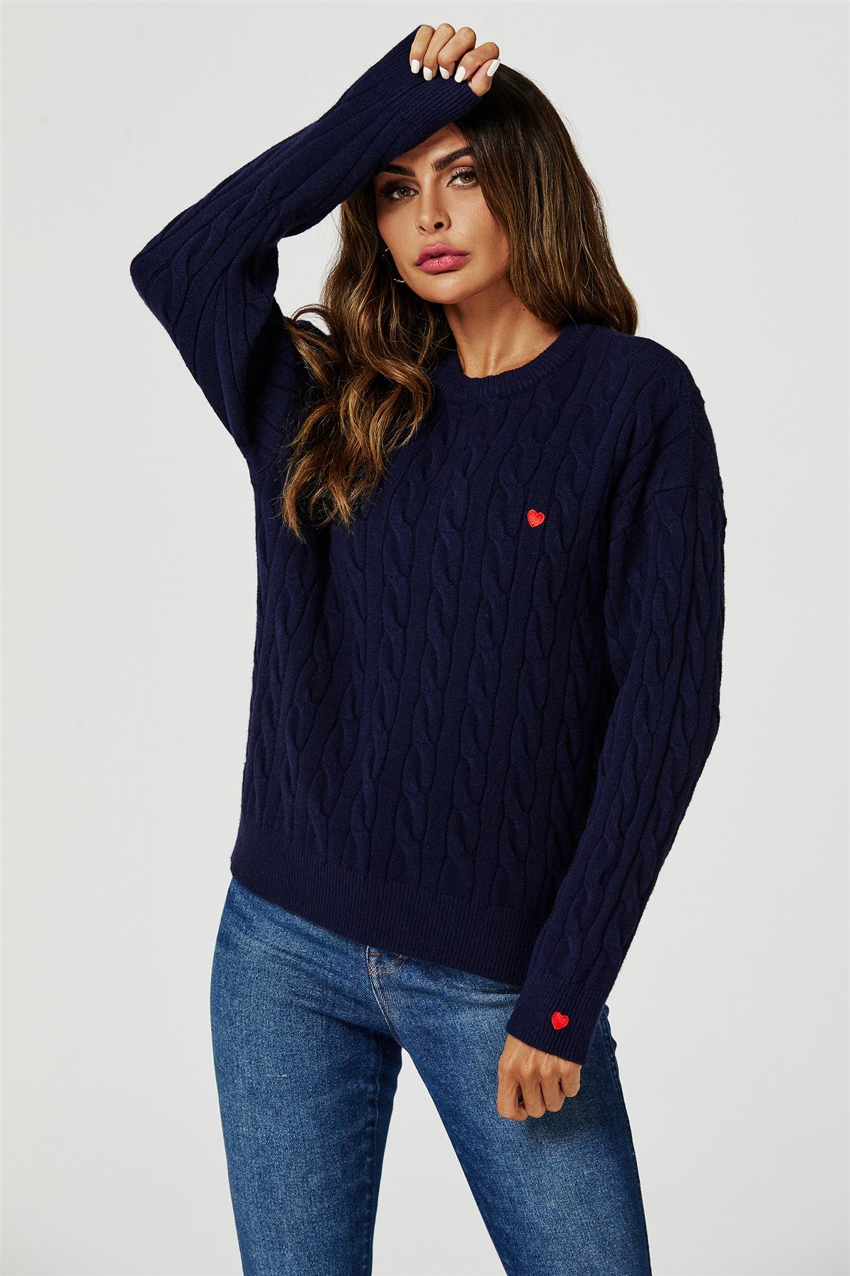 Heart Embroidery Jumper Top In Navy - AXON