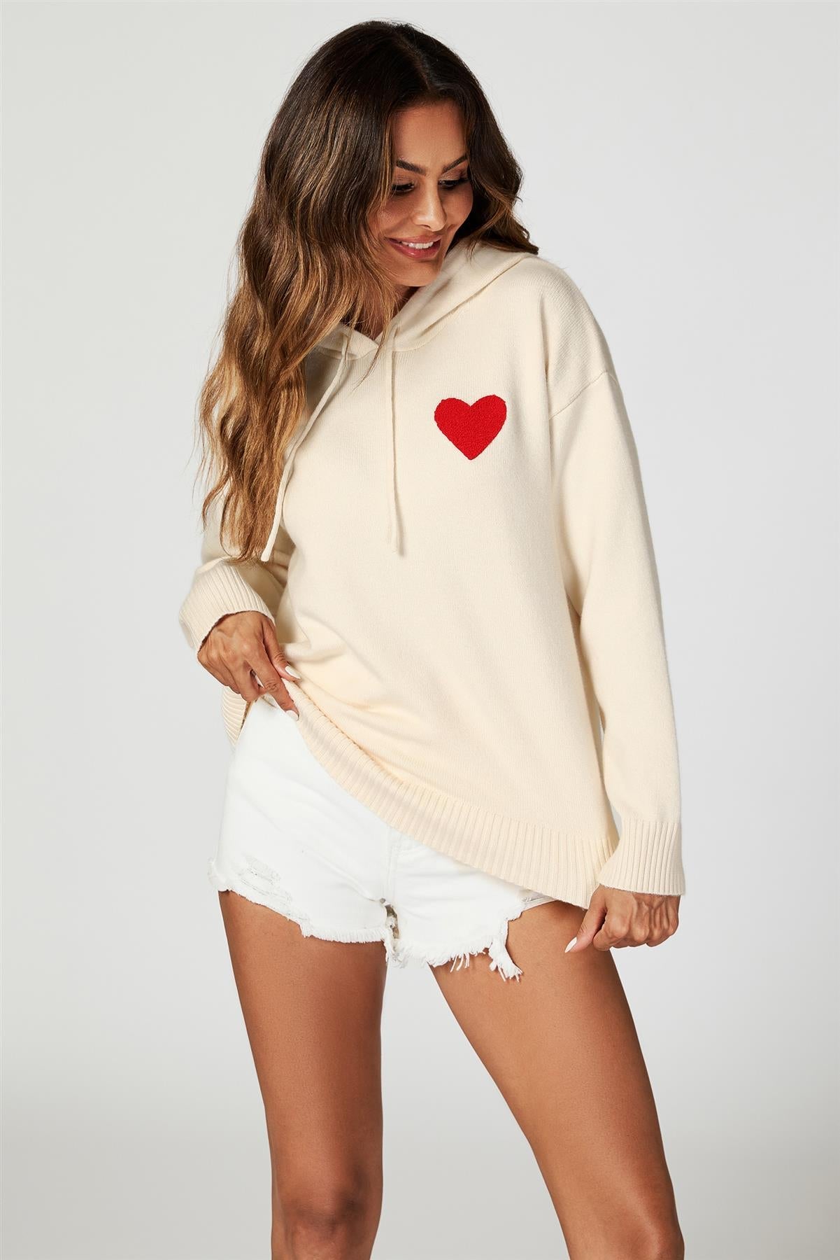 Heart Embroidery Knitted Hoodie In Cream - AXON