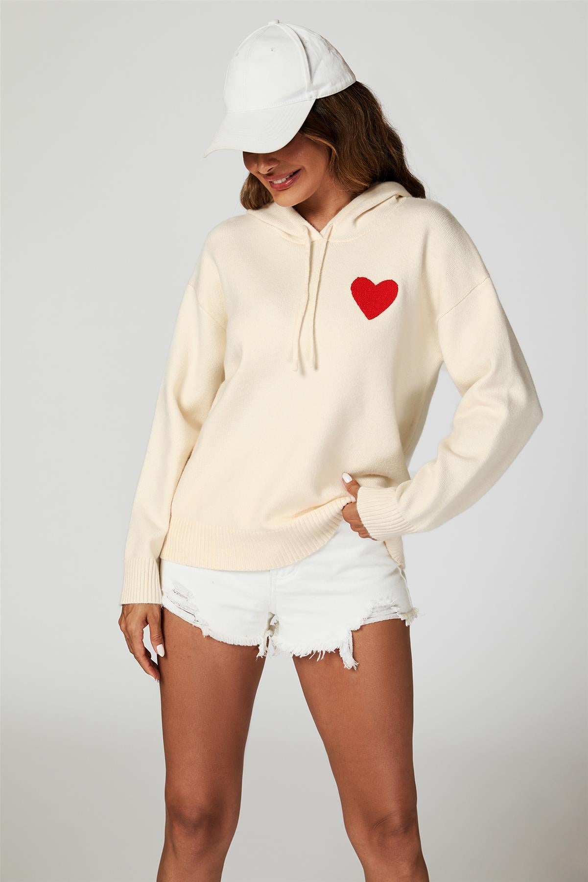 Heart Embroidery Knitted Hoodie In Cream - AXON