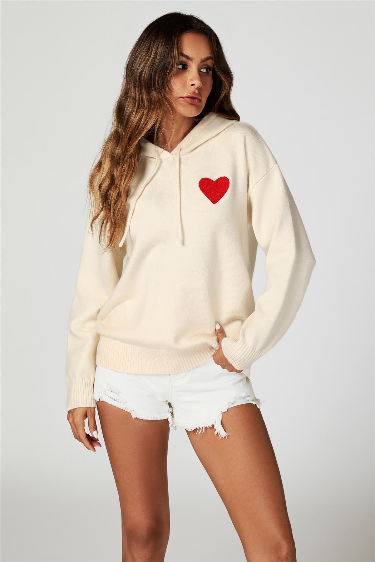 Heart Embroidery Knitted Hoodie In Cream - AXON