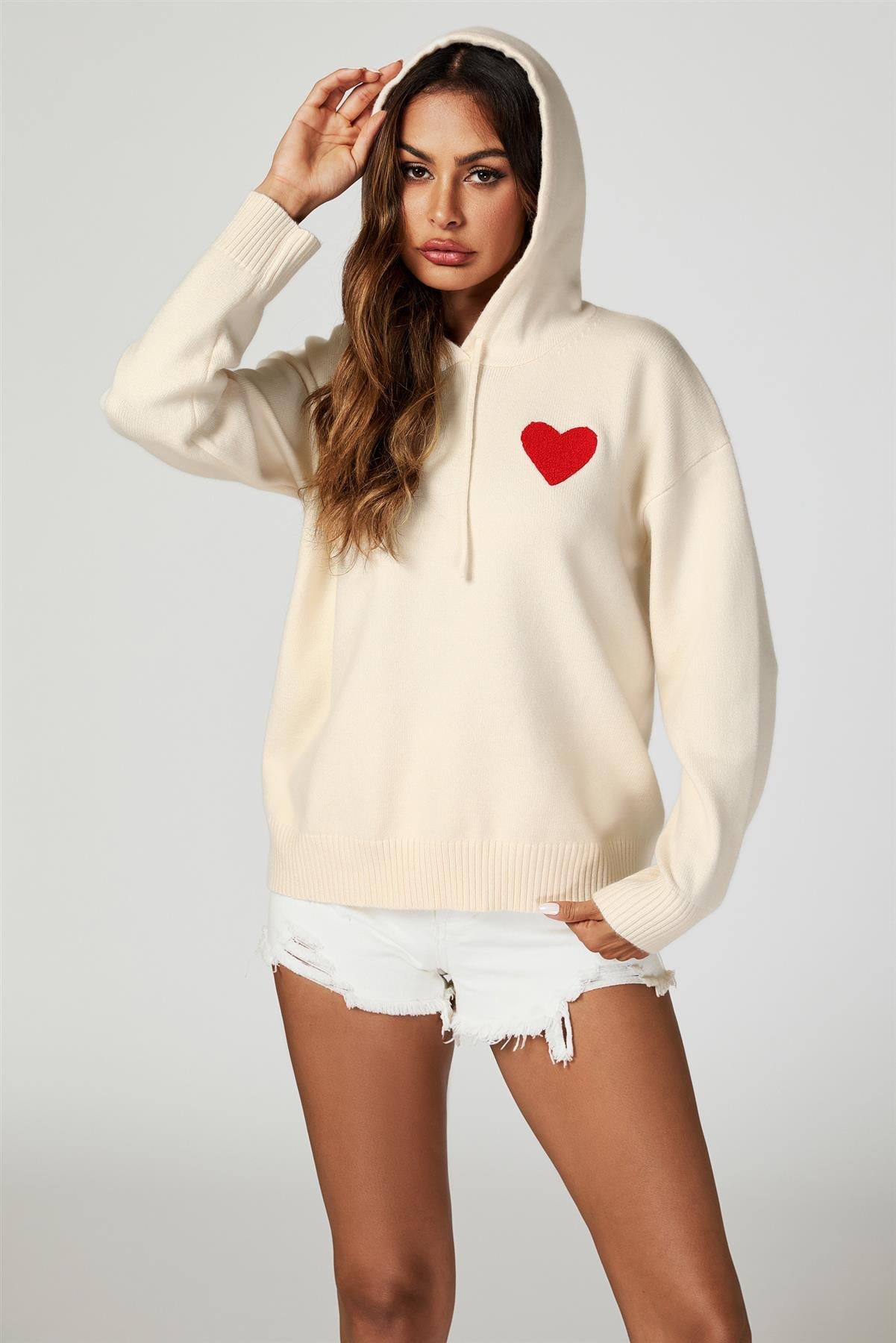 Heart Embroidery Knitted Hoodie In Cream - AXON